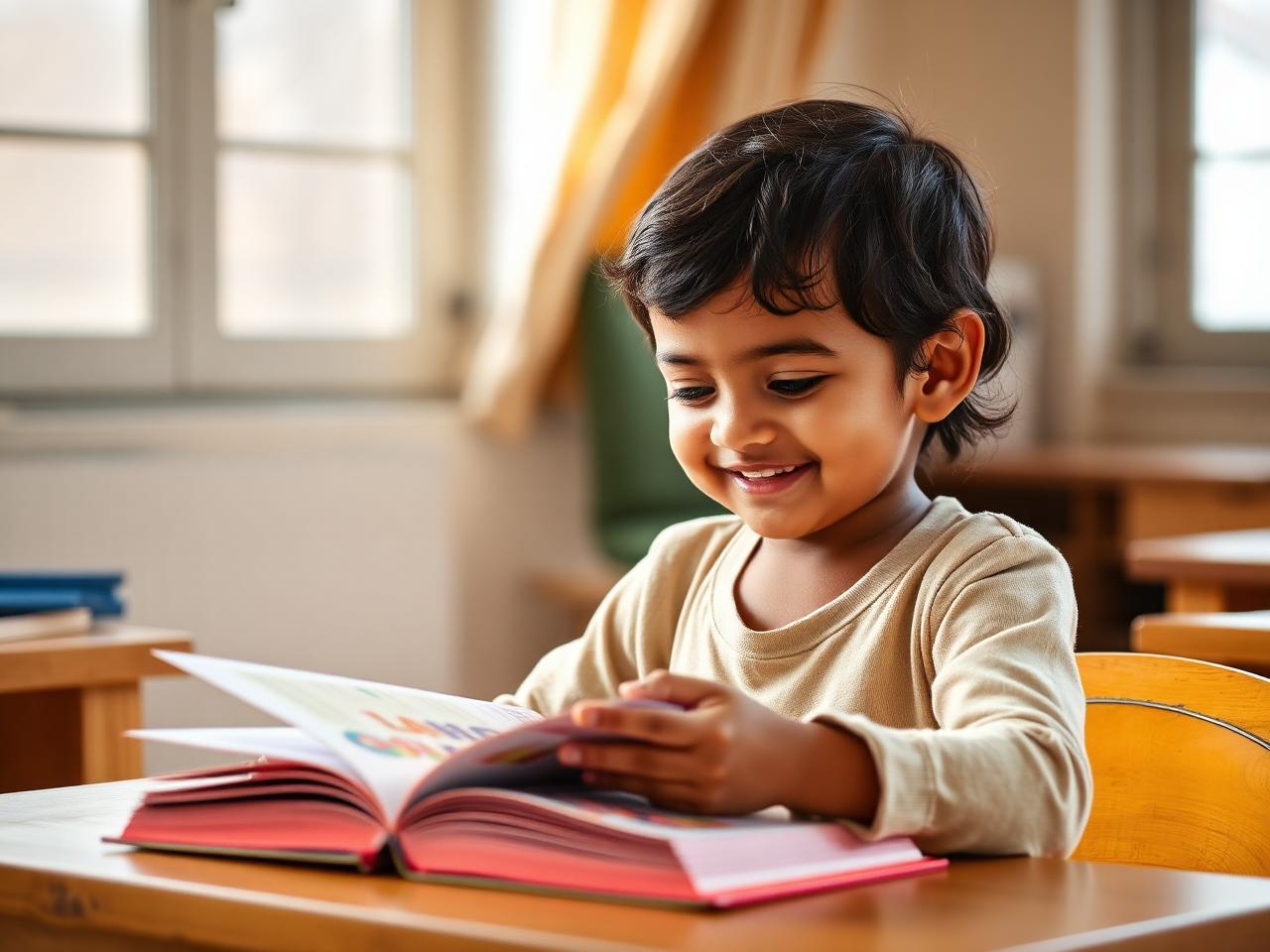 A child happily reading at a learning session
